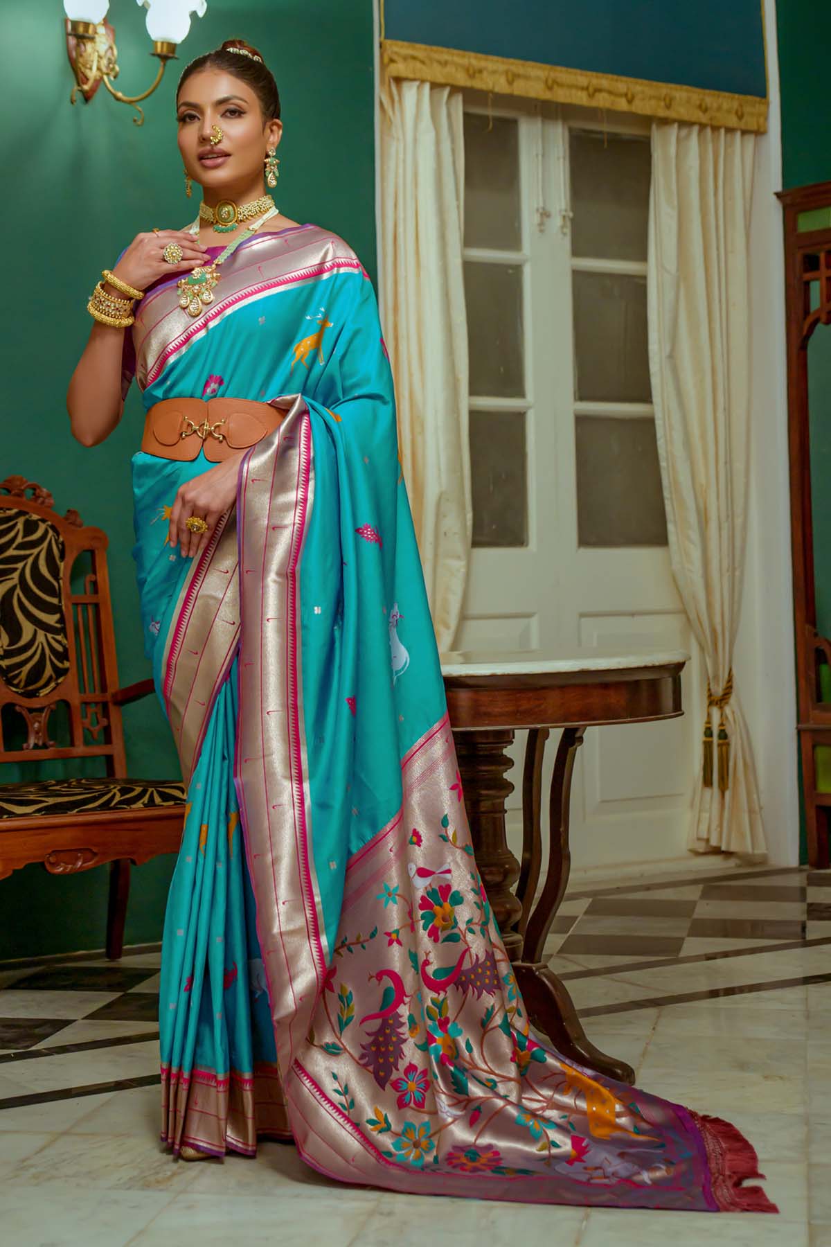 Buy Designer Teal Meenakari Zari Woven Saree Online
